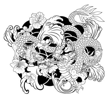 Elle çizilmiş ejderha dövmesi, boyama kitabı Japon stili. Dövme için eski Japon ejderhası. Tişört için arka planda Çin ejderhası çiziminin sembolü. Geleneksel Asya dövmesi Eski ejderha vektörü.