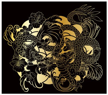 Elle çizilmiş ejderha dövmesi, boyama kitabı Japon stili. Dövme için eski Japon ejderhası. Tişört için arka planda Çin ejderhası çiziminin sembolü. Geleneksel Asya dövmesi Eski ejderha vektörü.