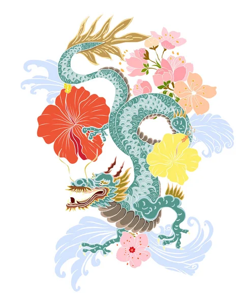 Elle çizilmiş ejderha dövmesi, boyama kitabı Japon stili. Dövme için eski Japon ejderhası. Tişört için arka planda Çin ejderhası çiziminin sembolü. Geleneksel Asya dövmesi Eski ejderha vektörü.