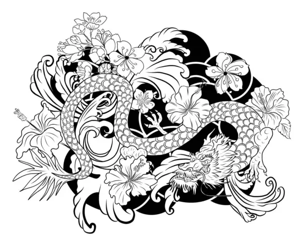 Elle çizilmiş ejderha dövmesi, boyama kitabı Japon stili. Dövme için eski Japon ejderhası. Tişört için arka planda Çin ejderhası çiziminin sembolü. Geleneksel Asya dövmesi Eski ejderha vektörü.