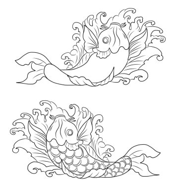 Elle çizilmiş Koi sazan balığı, Çin 'in yeni yılının iyiliği için kırmızı arka planda. Arka planda festival için altın balık. Güzel çizgili koi balığı sanatı. Japon kültürü, resimli sanat baskılarındaki elementler için. 