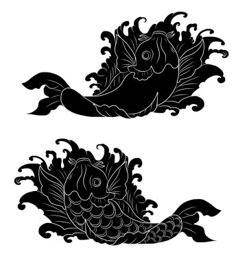 Elle çizilmiş Koi sazan balığı, Çin 'in yeni yılının iyiliği için kırmızı arka planda. Arka planda festival için altın balık. Güzel çizgili koi balığı sanatı. Japon kültürü, resimli sanat baskılarındaki elementler için. 