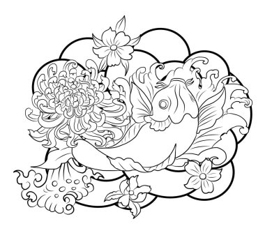 Japon koi balığı dövmesi çiziminin vektör çizimi. Japon geçmişi. Koi balığı dövmesi. El çizimi koi balığı ve Çin karalama sanatı. Şakayık, kiraz çiçeği ve nilüfer çiçeği taşıyıcısı.