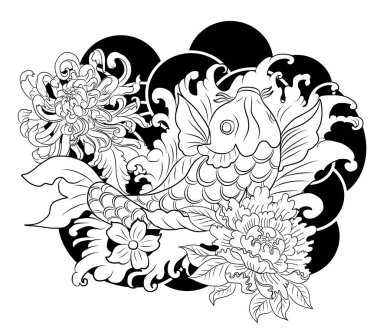 Japon koi balığı dövmesi çiziminin vektör çizimi. Japon geçmişi. Koi balığı dövmesi. El çizimi koi balığı ve Çin karalama sanatı. Şakayık, kiraz çiçeği ve nilüfer çiçeği taşıyıcısı.