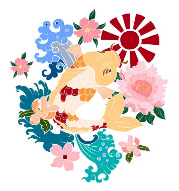 Japon koi balığı dövmesi çiziminin vektör çizimi. Japon geçmişi. Koi balığı dövmesi. El çizimi koi balığı ve Çin karalama sanatı. Şakayık, kiraz çiçeği ve nilüfer çiçeği taşıyıcısı.
