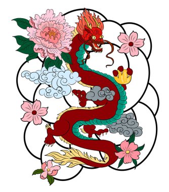 Elle çizilmiş ejderha dövmesi, boyama kitabı Japon stili. Dövme için eski Japon ejderhası. Tişört için arka planda Çin ejderhası çiziminin sembolü. Geleneksel Asya dövmesi Eski ejderha vektörü.