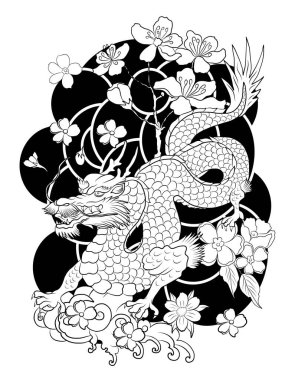 Kaplan dövmeli ejderha dövüşü. Bulutlarda ejderha ve kaplan ve yükselen kırmızı güneş. Gömlekte baskı yapmak için Koi balığı vektör çizimi. Arka planda resim yapmak için Japon kültürü..