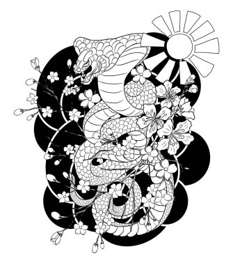 Yılan kobra dövmeli Kobra vektörü. Kral Kobra Yılanı ağzı açık. Kobra çizimi..