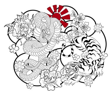 Kaplan dövmeli ejderha dövüşü. Bulutlarda ejderha ve kaplan ve yükselen kırmızı güneş. Tişört basmak için geleneksel Japon ejderhası ve kaplanı..