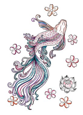 Altın balık vektör illüstrasyonunun güzel çizgisi. Koi balığı beyaz izole arkaplanda gömlek basmak için. Etiket için el çizimi Altın Balık vektörü..