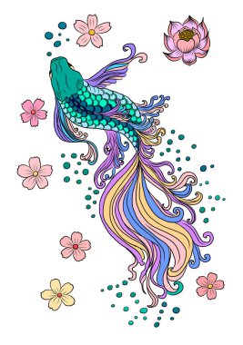 Altın balık vektör illüstrasyonunun güzel çizgisi. Koi balığı beyaz izole arkaplanda gömlek basmak için. Etiket için el çizimi Altın Balık vektörü..