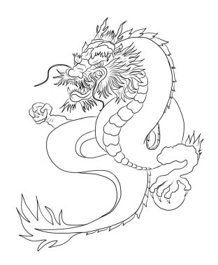 Japon kırmızı ejderha dövmesi. Çin Yeni Yılı için kırmızı zemin üzerinde ejderha. Altın Çin Ejderhası vektörü. Altın çizgili sanat kralı ejderhası dövmesi..