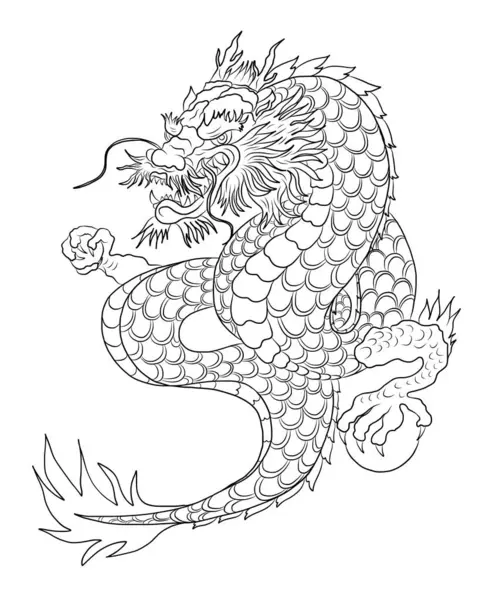 Japon kırmızı ejderha dövmesi. Çin Yeni Yılı için kırmızı zemin üzerinde ejderha. Altın Çin Ejderhası vektörü. Altın çizgili sanat kralı ejderhası dövmesi..