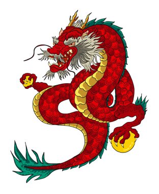 Japon kırmızı ejderha dövmesi. Çin Yeni Yılı için kırmızı zemin üzerinde ejderha. Altın Çin Ejderhası vektörü. Altın çizgili sanat kralı ejderhası dövmesi..
