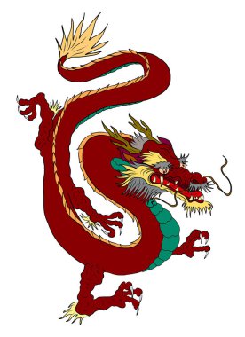 Japon kırmızı ejderha dövmesi. Çin Yeni Yılı için kırmızı zemin üzerinde ejderha. Altın Çin Ejderhası vektörü. Altın çizgili sanat kralı ejderhası dövmesi..