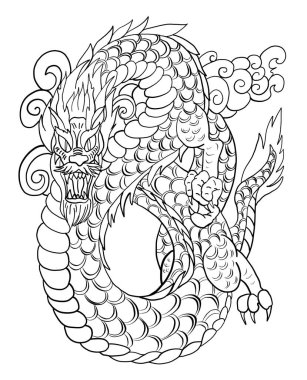 Japon Ejderha Çizgisi beyaz arka plana çiziyor. Ejderha dövme vektörü.