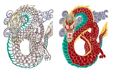 Japon Ejderha Çizgisi beyaz arka plana çiziyor. Ejderha dövme vektörü.