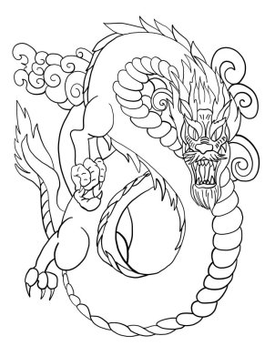 Japon Ejderha Çizgisi beyaz arka plana çiziyor. Ejderha dövme vektörü.