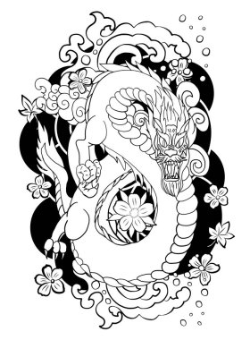 Geleneksel kiraz çiçekli Japon ejderhası ve dövme tasarımları için el çizimi Çin ejderhası gömleğe basmak için. Beyaz izole arkaplanı boyamak için ejderha vektörünün güzel çizgisi.