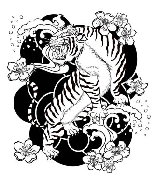 Geleneksel Japon kaplan dövmesi. Kaplan çıkartması tasarımı, siyah arka planda çizgi film kaplanı. Beyaz izole edilmiş elementler için vektör..