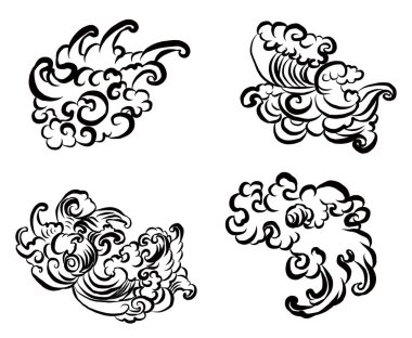 Boyama kitabı için Çin bulut vektörü ve beyaz arkaplan üzerine baskı. Japon dalgaları izole edilmiş dövme tasarımı için..