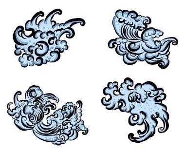 Boyama kitabı için Çin bulut vektörü ve beyaz arkaplan üzerine baskı. Japon dalgaları izole edilmiş dövme tasarımı için..