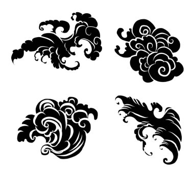 Boyama kitabı için Çin bulut vektörü ve beyaz arkaplan üzerine baskı. Japon dalgaları izole edilmiş dövme tasarımı için..