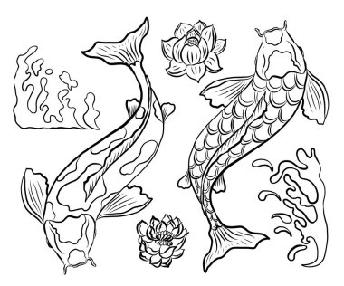 Çin 'in yeni yılının mutluluğu için kırmızı arka planda el çizimi Koi sazan balığı. Arka planda festival için altın balık. Koi balığının güzel bir çizgisi..