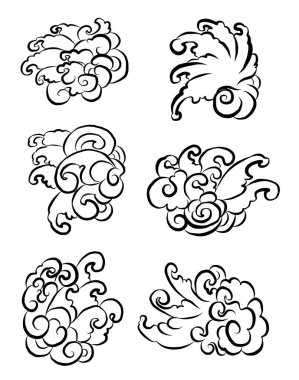 Boyama kitabı için Çin bulut vektörü ve beyaz arkaplan üzerine baskı. Japon dalgaları izole edilmiş dövme tasarımı için..