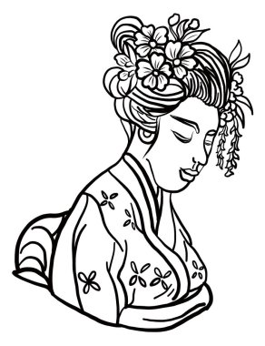 Japon illüstrasyonunun sembolü beyaz arka planda izole edildi. Çıkartmalar için karalama çizgisi sanatı. Japon kadınları izole edilmiş beyaz arka planda dövme tasarımı için..
