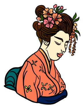 Japon illüstrasyonunun sembolü beyaz arka planda izole edildi. Çıkartmalar için karalama çizgisi sanatı. Japon kadınları izole edilmiş beyaz arka planda dövme tasarımı için..