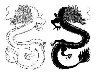 Japon kırmızı ejderha dövmesi. Çin Yeni Yılı için kırmızı zemin üzerinde ejderha. Altın Çin Ejderhası vektörü. Altın çizgili sanat kralı ejderhası dövmesi..