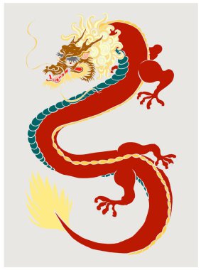Japon kırmızı ejderha dövmesi. Çin Yeni Yılı için kırmızı zemin üzerinde ejderha. Altın Çin Ejderhası vektörü. Altın çizgili sanat kralı ejderhası dövmesi..