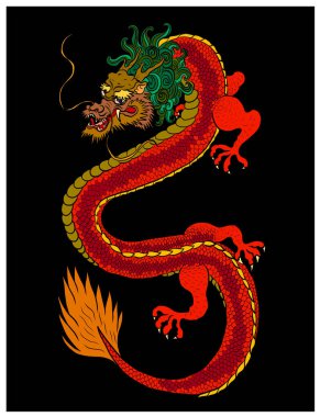 Japon kırmızı ejderha dövmesi izole edildi. Geleneksel Çin ejderhası tişört basmak ya da arka planda boyama kitabı için..