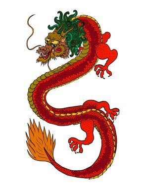 Japon kırmızı ejderha dövmesi izole edildi. Geleneksel Çin ejderhası tişört basmak ya da arka planda boyama kitabı için..