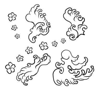 Boyama kitabı için Çince bulut vektörü ve beyaz arkaplan üzerine baskı. Arkaplanda yazdırmak için kasımpatı içeren renkli çiçek..