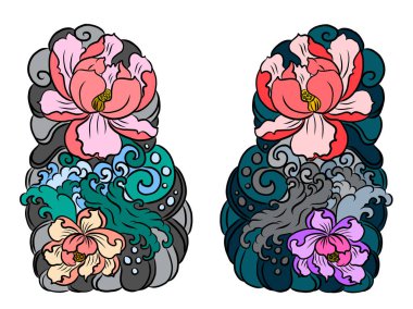 Renklendirme kitabı için Japon çiçeği. Asya 'nın vektör illüstrasyonu. Dövme fikri için arka plan tasarımı. Peony ve Chrysanthemum tişörtlere işemek için vektör..