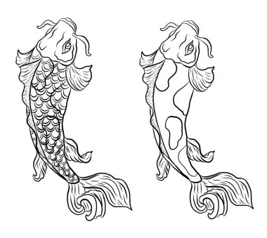 koi carp vector isolate for tattoo.Japanese carp drawing.Hand drawn line art of Koi carp. Vector isolated. Idea for tattoo and coloring books.Traditional Japanese culture element for printing on wall.