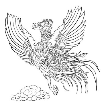 Arka planda dövme tasarımı için Phoenix 'in güzel çizgi sanatı. Gömlekte baskı için Phoenix vektörü. Karalama sanatı için altın vektör illüstrasyonu ve beyaz izole arkaplan üzerine boyama kitabı..