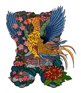 Arka planda dövme tasarımı için Phoenix 'in güzel çizgi sanatı. Gömleğe basmak için Phoenix vektörü. Karalama sanatı için Phoenix vektör çizimi ve beyaz izole arkaplan üzerine boyama kitabı..