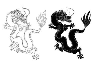 Japon kırmızı ejderha dövmesi. Çin Yeni Yılı için kırmızı zemin üzerinde ejderha. Altın Çin Ejderhası vektörü. Altın çizgili King Dragon dövmesi. T-shirt için çizgi film vektörü..