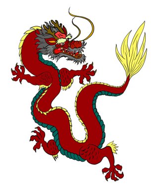 Japon kırmızı ejderha dövmesi. Çin Yeni Yılı için kırmızı zemin üzerinde ejderha. Altın Çin Ejderhası vektörü. Altın çizgili King Dragon dövmesi. T-shirt için çizgi film vektörü..