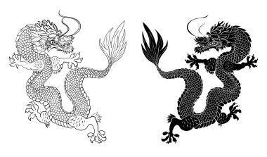 Japon kırmızı ejderha dövmesi. Çin Yeni Yılı için kırmızı zemin üzerinde ejderha. Altın Çin Ejderhası vektörü. Altın çizgili King Dragon dövmesi. T-shirt için çizgi film vektörü..