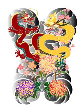 Fular, kiraz çiçeği ve şeftali çiçeği dövmeli Japon Ejderhası dövmesi. Baskı için Asya Ejderhası 'nın resmi. Ejderha dövmesi.
