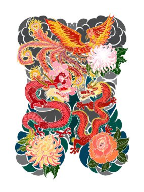 Fular, kiraz çiçeği ve şeftali çiçeği dövmeli Japon Ejderhası dövmesi. Baskı için Asya Ejderhası 'nın resmi. Ejderha dövmesi.