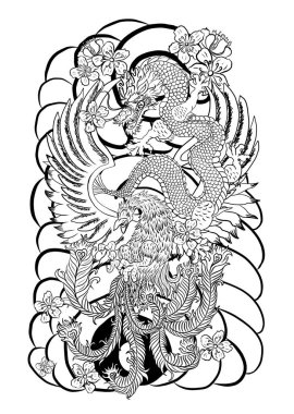 Fular, kiraz çiçeği ve şeftali çiçeği dövmeli Japon Ejderhası dövmesi. Baskı için Asya Ejderhası 'nın resmi. Ejderha dövmesi.