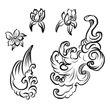 Japonca bulut vektör çizimi dövme veya arkaplan tasarımı için ayarlandı. Çince bulut vektörü. Element için su sıçraması.dalga. Yapıştırıcı için geleneksel Japon çiçeği. Sakura vektörü.