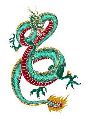 Japanese red dragon tattoo.Dragon on red background for Chinese New Year.Gold Chinese Dragon vector.Gold line art King Dragon tattoo.cartoon vector for t-shirt.