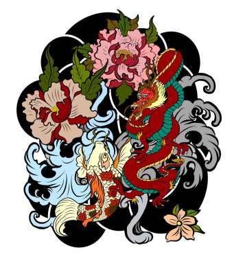 Şeftali çiçeği ve bulut dövmeli Çin ejderhası. Su sıçraması ve kara bulutlu Japon dövmesi. Sazan balığı ve kaplan resimli tişört arka planı. Ejderha ve koi balığı dalga üzerine savaşıyor.,