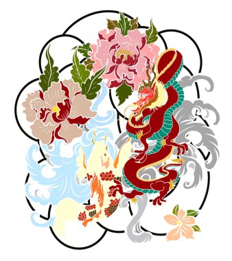 Şeftali çiçeği ve bulut dövmeli Çin ejderhası. Su sıçraması ve kara bulutlu Japon dövmesi. Sazan balığı ve kaplan resimli tişört arka planı. Ejderha ve koi balığı dalga üzerine savaşıyor.,